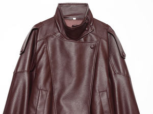 Veste en similicuir bordeaux vintage pour femme, coupe oversize, col montant, style rétro motard, manteau bomber streetwear - Product Image 3