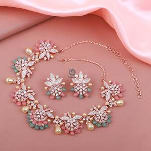 Flaura Fusion Designer Pearl and Zircon Necklace Set for Bridal Wedding - Product Image 1