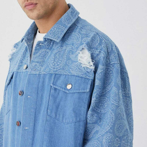 Veste en jean pour homme, imprimé paisley bleu, coupe décontractée, col rabattu, style printemps, veste en coton tissé - Product Image 5