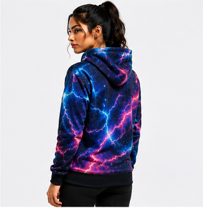 Sudadera con Capucha para Mujer, Estampado de Rayos por Sublimación, Azul y Rosa, Tejido de Poliéster, Prenda Otoñal Transpirable, Puños Acanalados Negros Sólidos - Product Image 5