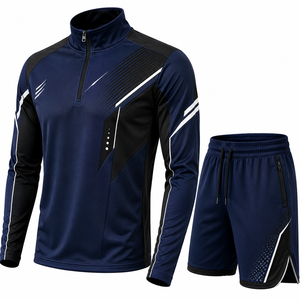 Men's Quarter-<b>Zip</b> Pullover Shorts Set Solid Color Breathable Knitted 100% Polyester Casual Outdoor Spring - Product Image 2
