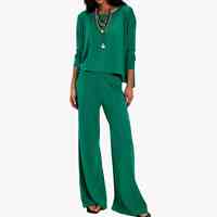 Ensemble décontracté d'été tendance en coton/élasthanne de couleur unie, respirant, avec chemise à manches longues et pantalon large pour femme