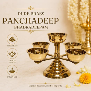 Lampe à huile traditionnelle en laiton pur à cinq faces Panchadeep Bhadradeepam, à mèches multiples, pour la décoration des temples, la prière à domicile et les fêtes. - Product Image 4