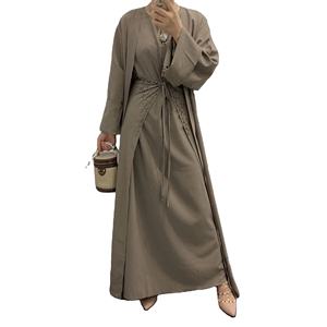 Handcraft <b>Beads</b> 3 Piece Muslim Set Matching Outfit Crinkled Crepe Open Abaya Kimono Long Sleeve Dress Wrap <b>Skirt</b> Dubai Autumn - Product Image 1