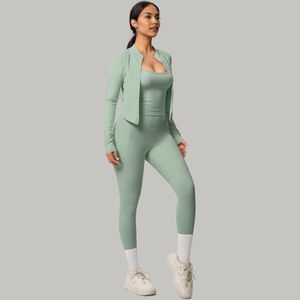 Women Yoga Set 3 Piece Activewear Set Zipper Jacket Sports Bra High Waist <b>Shorts</b> Workout Outfit - Product Image 5
