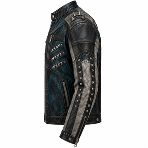 Custom Mens Genuine Leather Jacket Blue Grey Distressed Wolf Graphic Printed Spiked <b>Studded</b> Biker Moto Outerwear Coat Factory - Product Image 4
