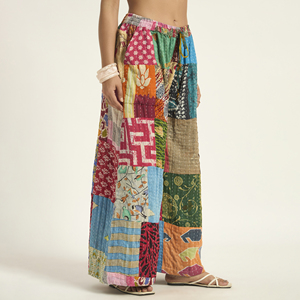 Bohemian Patchwork Cotton Harem Kantha <b>Pants</b> Full Length Mid Waist Regular Fit Women's Winter Trousers <b>Wide</b> <b>Leg</b> Dye - Product Image 1