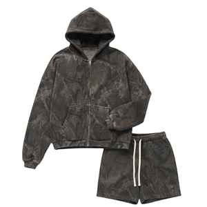 Ensemble sweat à capuche zippé et short vintage en 100 % coton, impression entièrement personnalisée, idéal pour un look décontracté ou streetwear, unisexe. - Product Image 6