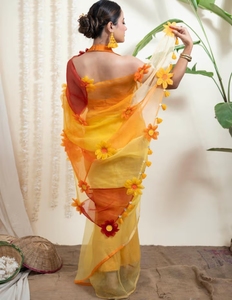 KV Women's Surajmukhi Yellow Organza Silk <b>Saree</b> Without Blouse - Product Image 4