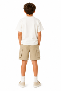 Shorts cargo décontractés pour garçons, vêtements d'été pour enfants, shorts en coton doux à taille élastique avec cordon de serrage, confortables, couleur beige - Product Image 4