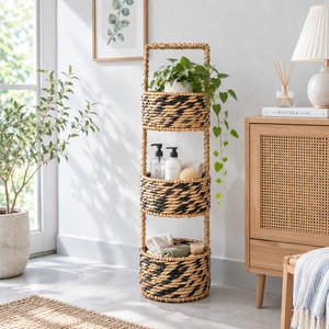 Water Hyacinth 3 Tier Storage Basket Stand Handmade Woven <b>Shelving</b> <b>Rack</b> for Bedroom Bathroom Living Room Home Organization - Product Image 3