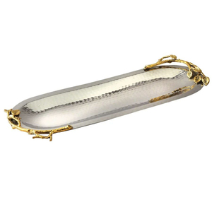 Great Quality Silver Metal Hammered <b>Tray</b> With <b>Gold</b> Accent Handle Elegance Table Decorative <b>Serving</b> <b>Tray</b> Perfect For Home Hotel - Product Image 6