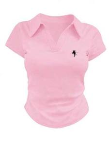 เสื้อโปโลคอวีสีชมพูผู้หญิงแขนสั้นทรงสลิมฟิตผ้าฝ้ายผสมเสื้อลำลองฤดูร้อน - Product Image 2
