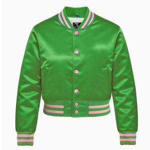 Bordado Griego Personalizado | Chaqueta Bomber Corta de Satén Rosa y Verde para Mujer, Estilo Universitario - Product Image 4