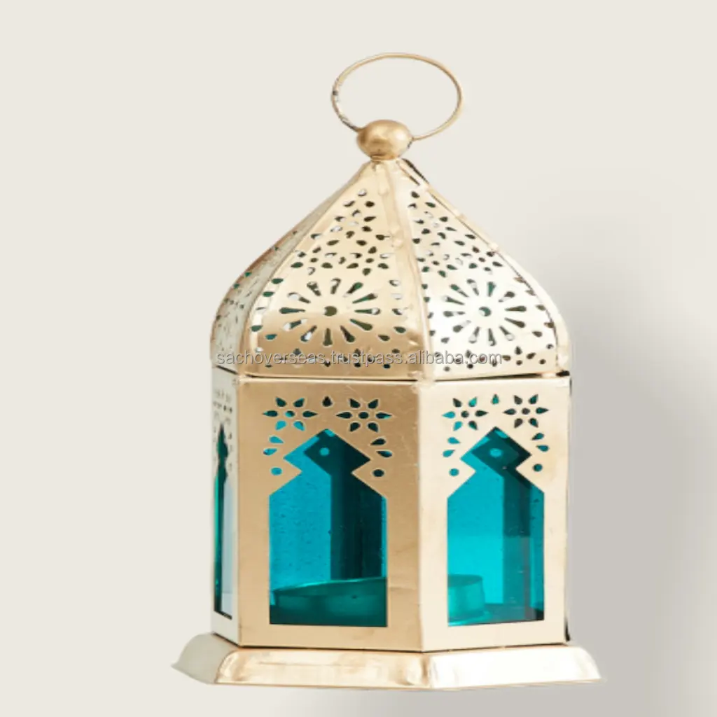 Retro Moroccan Style Small Golden Metal Tealight Candle Lantern With Colourful Glass For Decorative Lightening