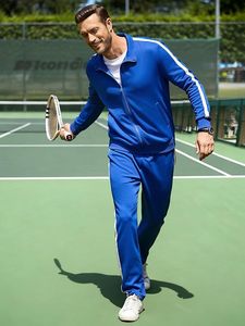Ensemble de survêtement bleu pour homme, manches longues, fermeture éclair, respirant, style sportif, couleur unie, coupe classique, poches latérales, idéal pour le printemps - Product Image 3
