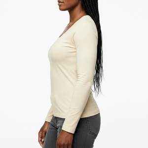 Women's Outdoor Casual Scoop Neck Long Sleeve <b>Top</b> Fitted Cotton Stretch Fabric Plain Color Custom OEM Bulk Wholesale Supplier - Product Image 3