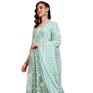 Ensemble Anarkali Kurta Dupatta en coton à imprimé floral, col en V, manches trois quarts, pour femmes, été, ethnique, décontracté, séchage rapide, protection solaire - Product Image 1