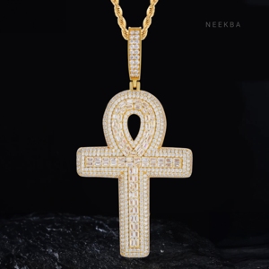 Pendentif Croix Ankh en Moissanite Baguette - Pendentif en Argent Sterling 925 avec Moissanite, Pendentif Croix Ankh en Moissanite Couleur D VVS - Product Image 1