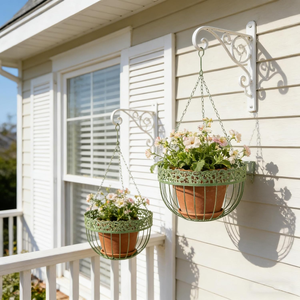 Green Metal <b>Hanging</b> Flower Pot <b>Basket</b> with Decorative Floral Rim Chain Support and Hook for Balcony Patio Garden Outdoor <b>Indoor</b> - Product Image 5