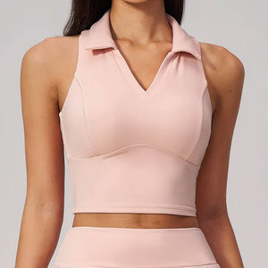 <b>Ladies</b> Cross Back Custom Sleeveless Ribbed Bottom <b>Polo</b> Collar Gym Wear Workout Casual Crop T-Shirt Yoga Wear Plain <b>Top</b> - Product Image 6