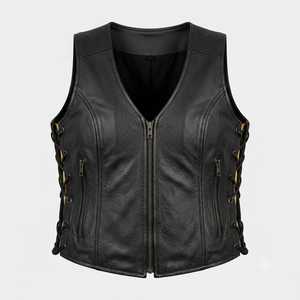 Gilet de motard en cuir véritable noir pour femme, fermeture éclair, motif uni, anti-plis, robuste, prêt pour la personnalisation - Product Image 1