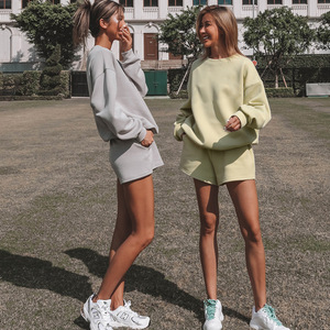 Conjunto de Sudadera y Pantalones Cortos para Mujer, Cuello Redondo, Corte Holgado, Color Sólido, Manga Larga, Ropa Casual Transpirable de Algodón, Atuendo de Primavera - Product Image 6