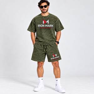 Iron Mark Industries <b>Men's</b> Cotton <b>T</b>-<b>Shirt</b> Shorts Set V-neck Printed Logo Front Summer Casual Wear Streetwear Breathable Knitted - Product Image 2