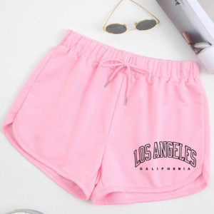 Shorts en tricot rose pour femme avec imprimé Los Angeles, taille élastique, style streetwear, 100% coton, séchage rapide, coupe-vent - Product Image 1