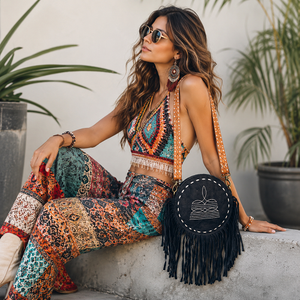 Boot Stich Suede Leather Western Style New Designer round Fringe <b>Bag</b> Handbag Hot Sale <b>Black</b> color Bohemian Women Handbag - Product Image 1