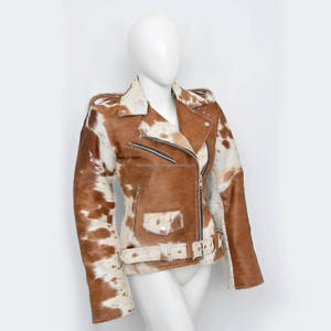 MH <b>Womens</b> Genuine Leather Cowhide Knitted Winter Ranch Style Zipper <b>Jacket</b> <b>Brown</b> & White Cow Print Eco-Friendly - Product Image 2