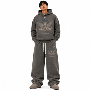 Ensemble de survêtement 2 pièces OEM pour homme, délavé, avec sweat à capuche oversize et pantalon de survêtement à jambe large, imprimé graphique Aigle vintage, streetwear d'hiver, vente en gros - Product Image 1
