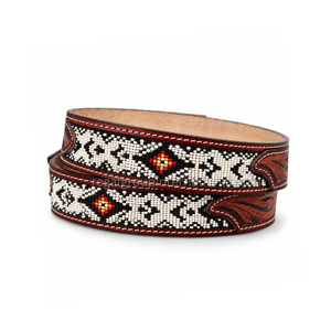 Luxury Western Style Red Floral Hand Tooled Grain Leather <b>Belt</b> for Men & <b>Women</b> with Black <b>White</b> Geometric Beadwork - Product Image 2