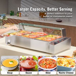 Scaldavivande Elettrico Commerciale a 6 Vasche da 1500W, Bain Marie 6 x 8QT con Coperchio in Vetro, Buffet in Acciaio Inossidabile, Scaldavivande Manuale da Banco - Product Image 2