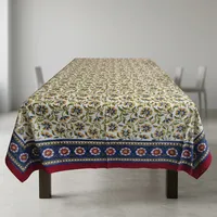 Nappe de table rectangulaire moderne en coton imprimé à la main avec motifs floraux, fabriquée en Inde, écologique, personnalisable, style bohème