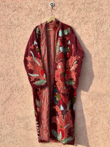 Red Velvet Embroidered <b>Coat</b> Full Sleeve O-Neck Autumn Eco-Friendly Breathable Women's Long Fleece Jacket One Size - Product Image 4
