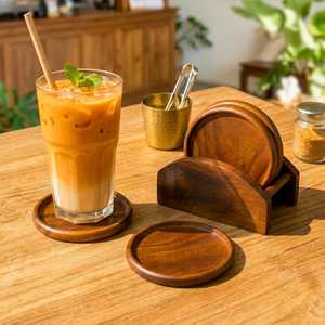 Handcrafted Brown Acacia Coaster Set | Quiet Luxury Sculptural <b>Desk</b> Decor | Japandi Functional Art Executive Gift For Table Deco - Product Image 6