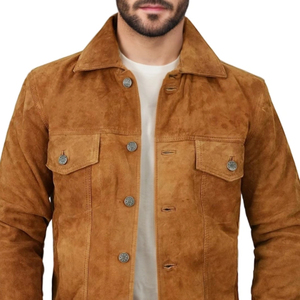 <b>Men's</b> Brown <b>Suede</b> Leather <b>Jacket</b> Casual Winter Wear Stand Collar Regular Fit Single Breasted Zipper Closure - Product Image 4