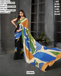 Sari en crêpe Malai blanc de luxe pour femmes - Sans plis, anti-humidité, idéal pour les fêtes de Diwali - Product Image 5