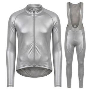 Ensemble cycliste homme personnalisé à manches longues argenté, extensible dans quatre directions, avec salopette à fermeture éclair intégrale, tenue de sport moulante pour la course - Product Image 1
