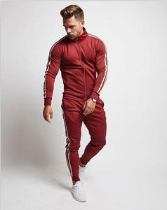 Survêtement rayé rouge pour homme, manches longues, col montant, fermeture éclair sur le devant, style sportif, respirant, en polyester, pour l'automne - Product Image 1