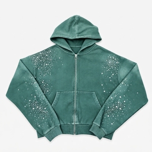 Sweat à capuche brodé personnalisé pour homme, 100 % coton respirant, style décontracté vintage délavé avec fermeture éclair ornée de strass - Product Image 1