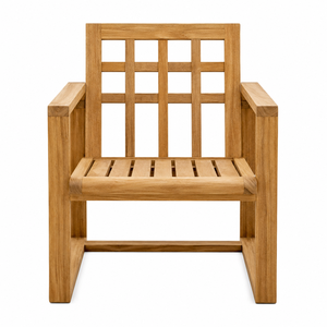 Chaise de jardin extérieure contemporaine en teck massif, durable, écologique, imperméable, avec dossier à grille géométrique pour patio et parc - Product Image 1
