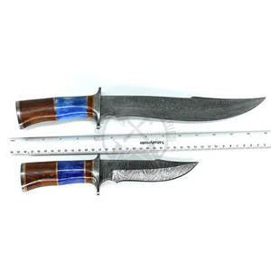 Damascus Hunting pair of <b>Knives</b> With Leather Sheath Wood/<b>Bone</b> <b>Handle</b> Camping Survival Razor Sharp Bowie <b>Knives</b> Outdoor Hunting - Product Image 1
