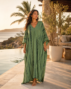 Green Tie Dye Cotton Eco-Friendly Bohemian <b>Kaftan</b> Dress V Neck Modern Fit Party Resort Wear Women <b>Summer</b> Kimono Floor-Length - Product Image 5