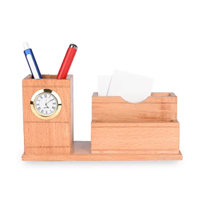 Handicrafts Promotional Wood Pen Holder Wholesale Price Wooden Desk Organizer With Pen Holder and Daily Clock Stand - Product Image 1