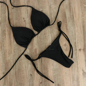 Ensemble bikini noir 2 pièces pour femme, haut triangle et bas string en Spandex Nylon, coupe extensible, style classique, maillot de bain à nouer - Product Image 1