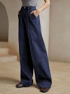Jeans de Mezclilla de Pierna Ancha para Mujer, Corte Regular Relajado, 100% Algodón, Pantalones Casuales de Longitud Completa, Azul Oscuro, con Cinturón de Botones, Estilo Verano-Otoño - Product Image 4