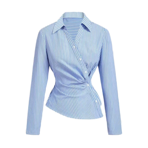 Blusa de Mujer Personalizable, Estilo Europeo Americano, Manga Larga, Ajustada, Tejida, a Rayas, Transpirable, con Botones, para Verano - Product Image 1