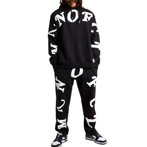 Survêtement noir à capuche pour homme, imprimé lettres, en coton, style streetwear, coupe ample, longueur intégrale, pour l'automne, avec poches latérales et cordon de serrage - Product Image 4